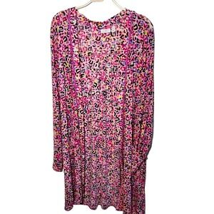 LOGO by Lori Goldstein Animal Print Sheer Mesh Cardigan Size 1x Open Front Pocke